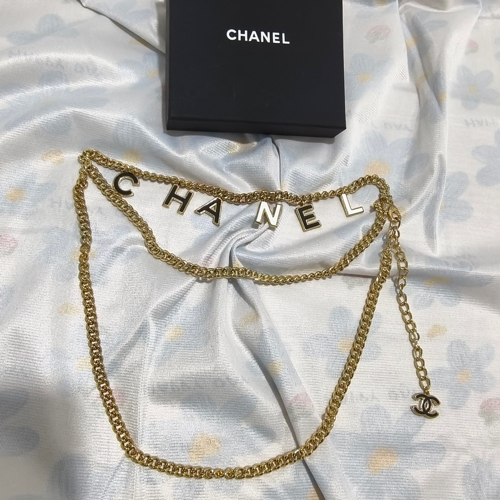 CHANEL Gold-Tone Letter Chain Belt with CC Charm